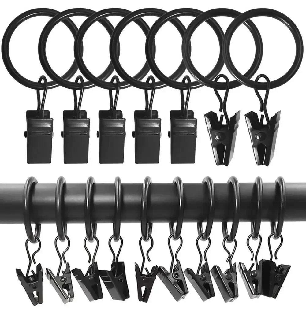 LLPJS 100 Pack Black Curtain Rings with Clips, 1 Inch Interior Diameter